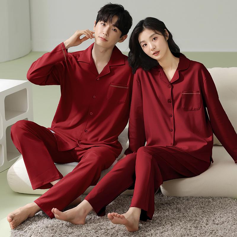 Red wedding couple pajamas women's spring and autumn pure cotton long-sleeved newlywed men's simple cardigan loungewear set