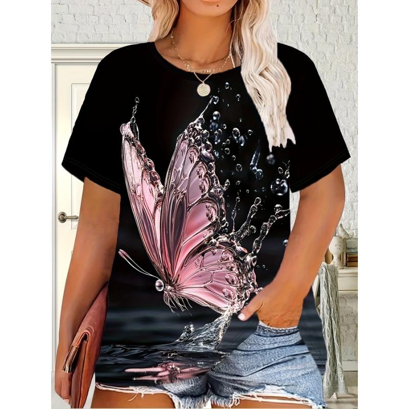 Ladies  Black Pink Butterfly Printed T-shirt S