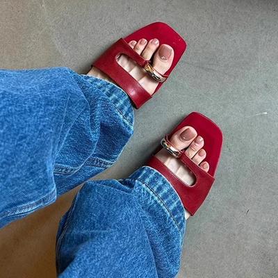 Cowhide Version~ Korean Metal Buckle Toe Cover Toe Flat Bottom One-word Slippers Women's Wear 2025 Summer New Sandals