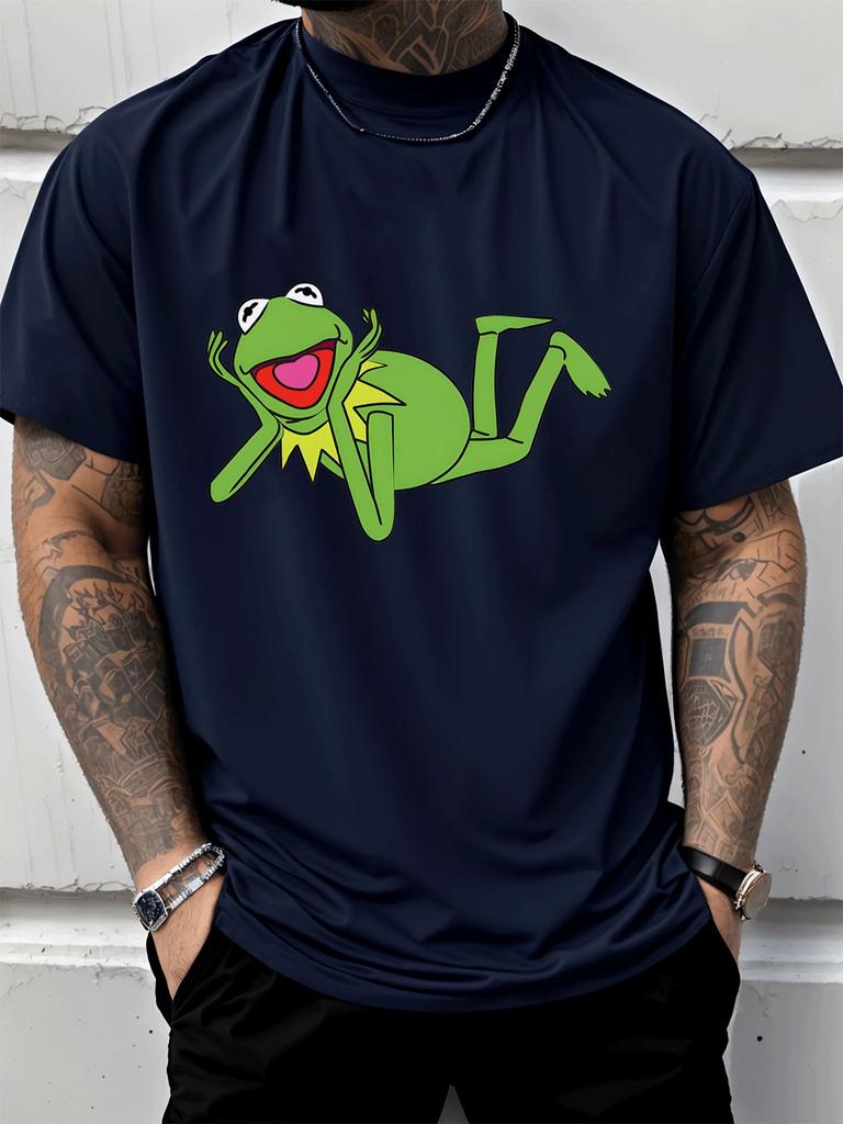 Unisex Crew Neck Tee Cute Lying Frog Cartoon Graphic Print Short Sleeve Oversized Male Daily Casual Soft Breathable Basic Wear Top