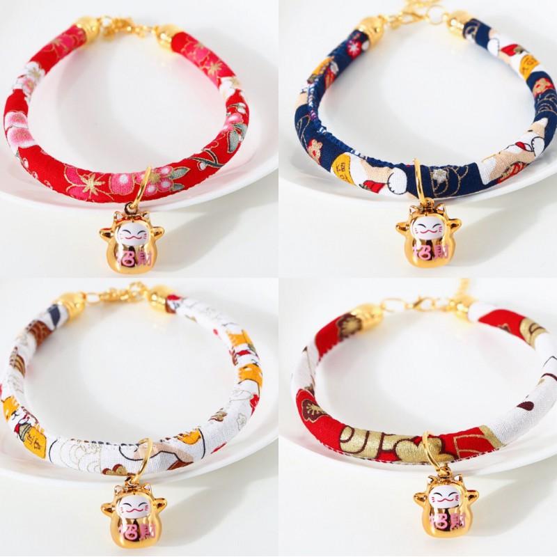 Adjustable Pet Collar With Japanese Floral Shiba Inu Maneki-neko Charm Copper Bell Cats Dogs