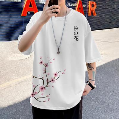 Summ Herren T-Shirt, 3D-Druck, lockeres Kirschblütenmuster, lässiges, übergroßes, kurzärmeliges, minimalistisches Herrenoberteil