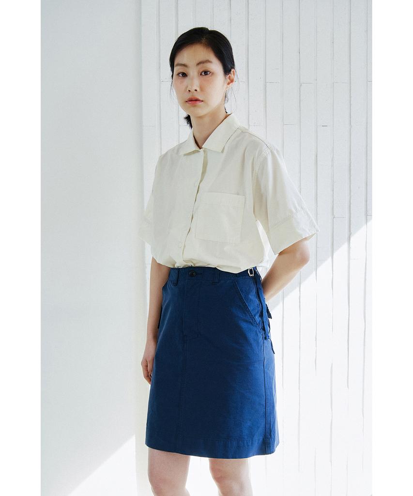 Cotton Bell Midi Side Belt Skirt - Navy