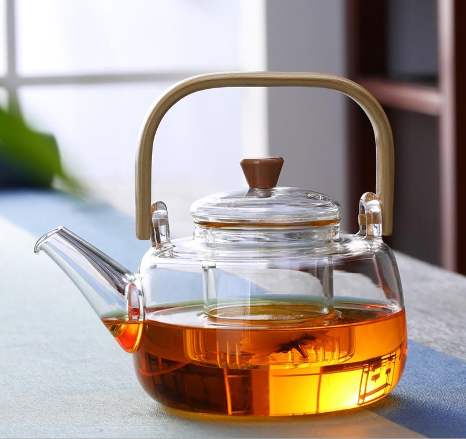Heat-resistant Glass Coffee Pot  Natural Bamboo Handle Built-in Glass Filter Household Tea Set Pot Can Be Heated 800ml 1000ml