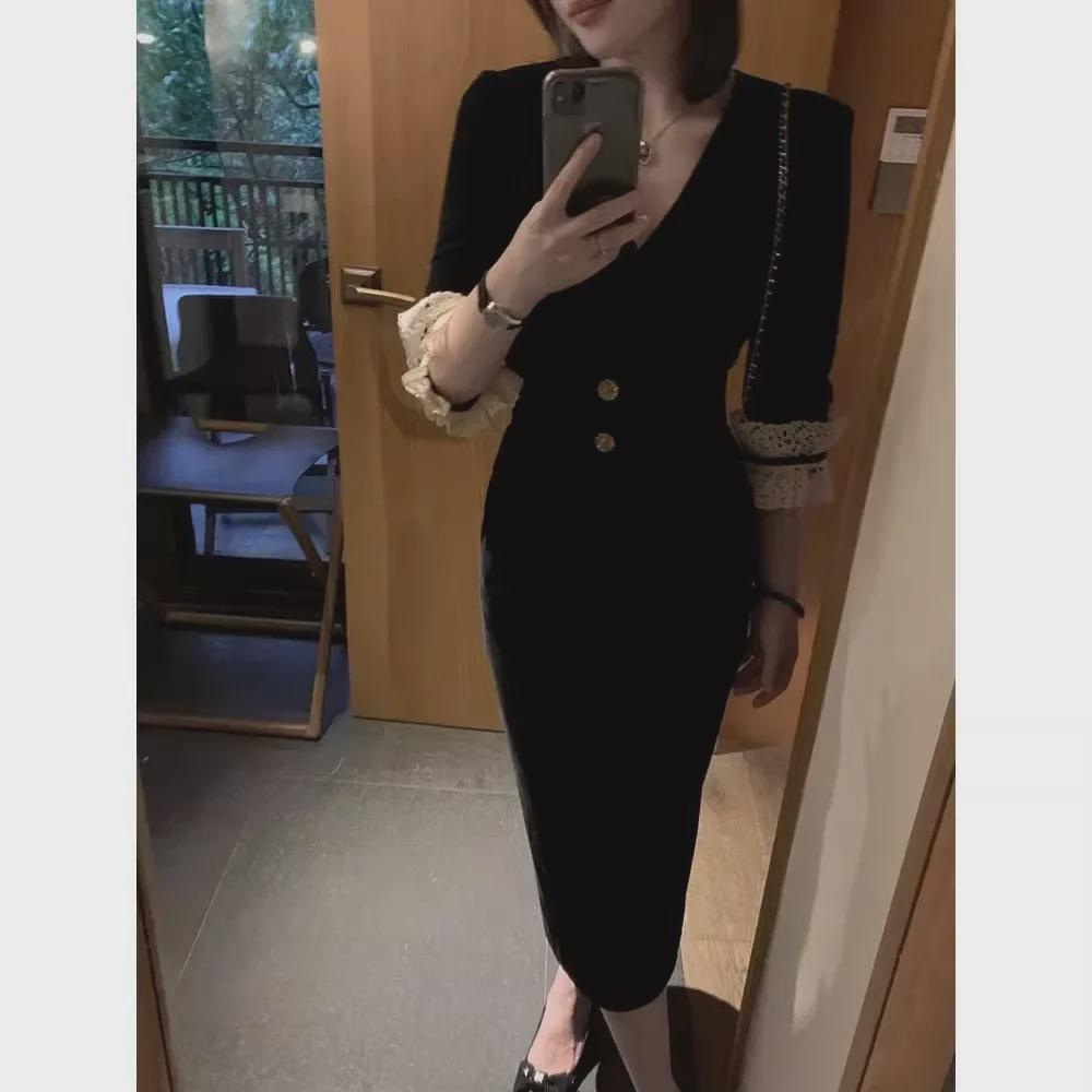 Vestido de Terciopelo Negro Estilo Hepburn Francés Ceñido a la Cintura de Lujo Ligero para Mujer