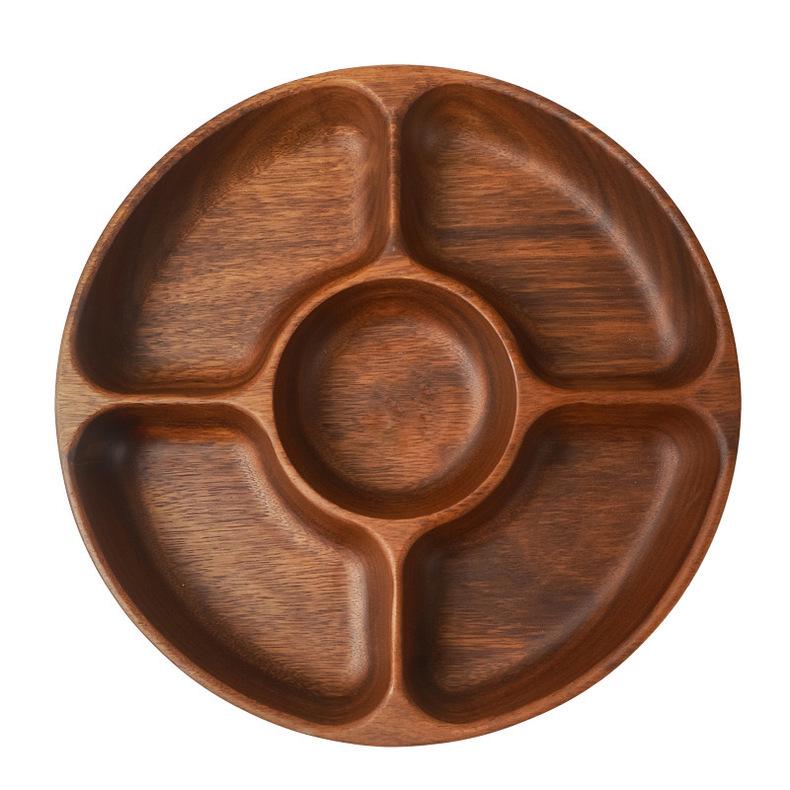 Set di Piatto Snack e Piatto da Contorno in Legno di Acacia: Piatti Divisi per Frutta, Dessert, Insalata e Bambini