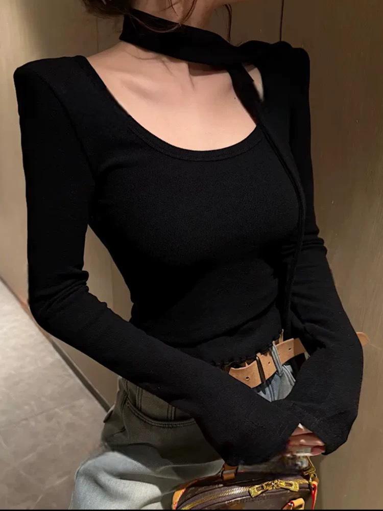 2025 Fall Korean Solid Color Casual Round Neck Long Sleeve Short Bottom T-Shirt for Small Men.