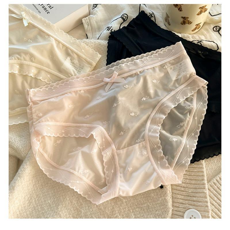 Women Mid Waist Ice Silk Lace Solid Color Antibacterial Crotch Comfortable Ladies Panties