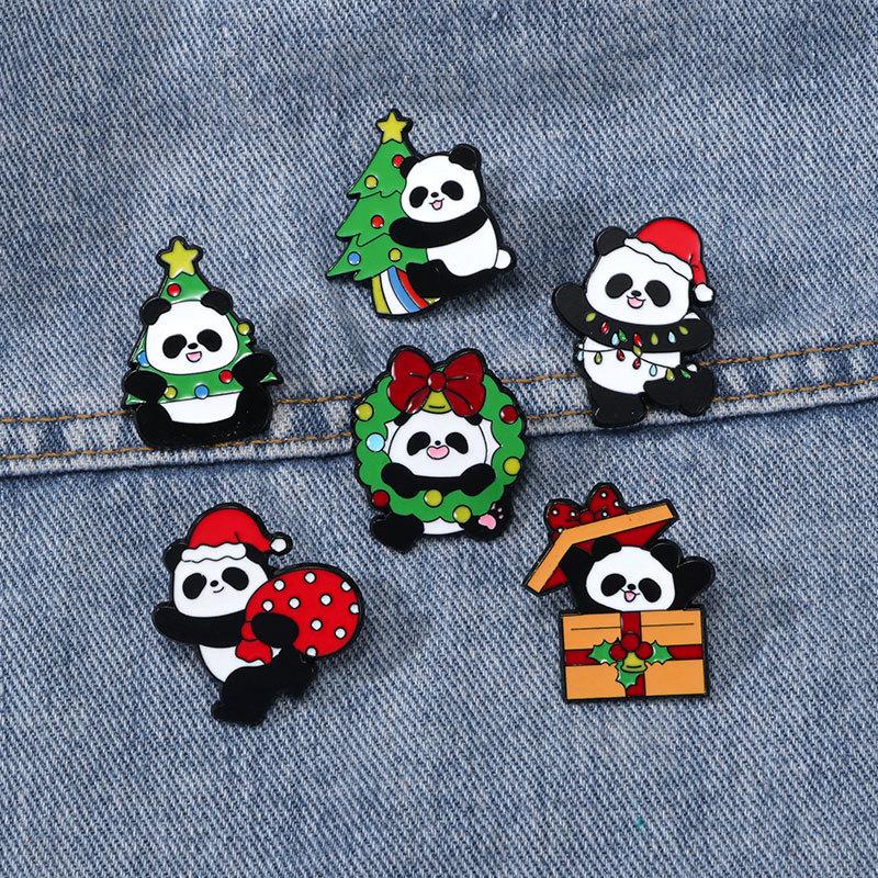 Christmas panda brooch, cute animals, Christmas tree, holiday gift box metal badge, back packaging accessories