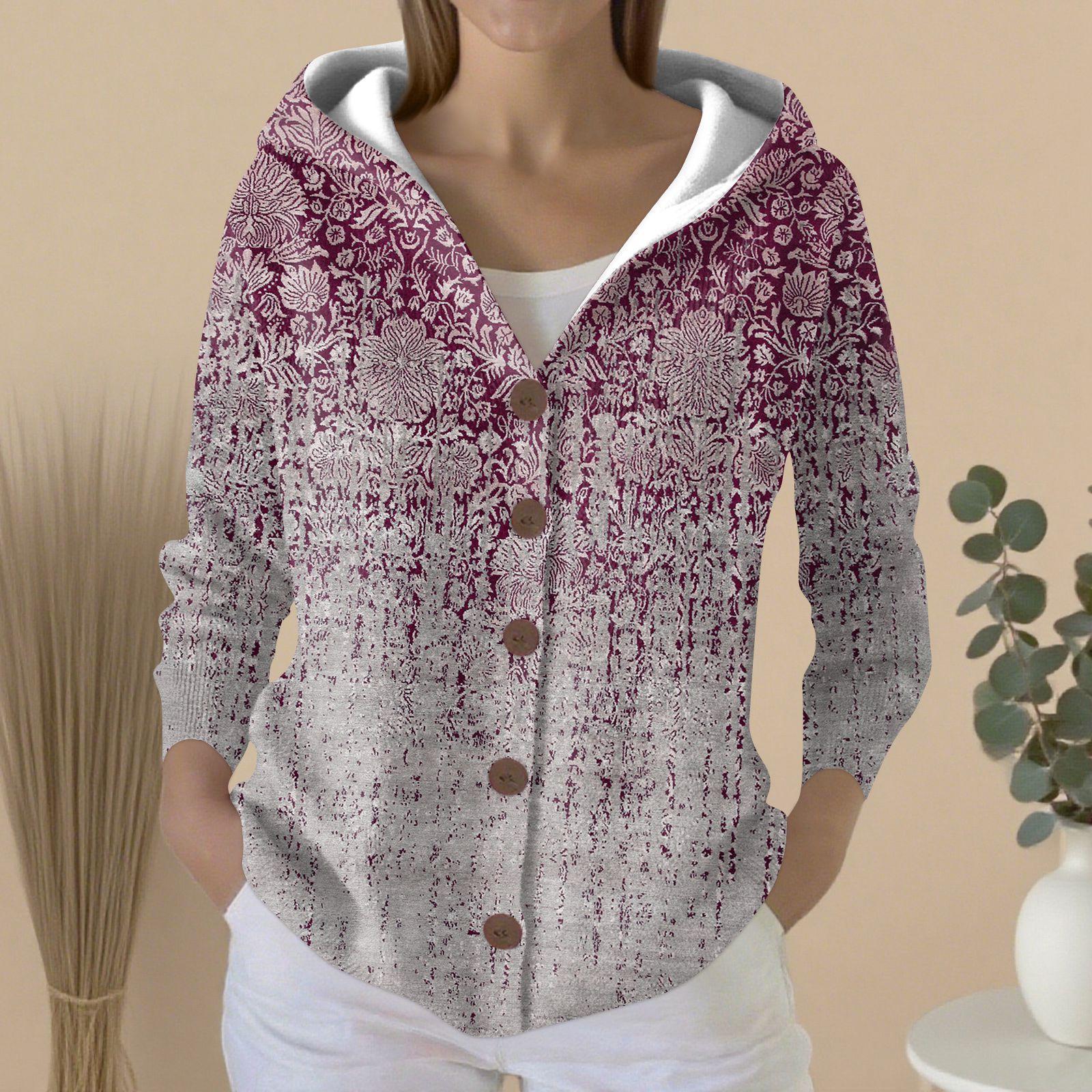 

Женский модный повседневный свитер на пуговицах с принтом, кардиган, куртка с капюшоном XXL фиолетовый