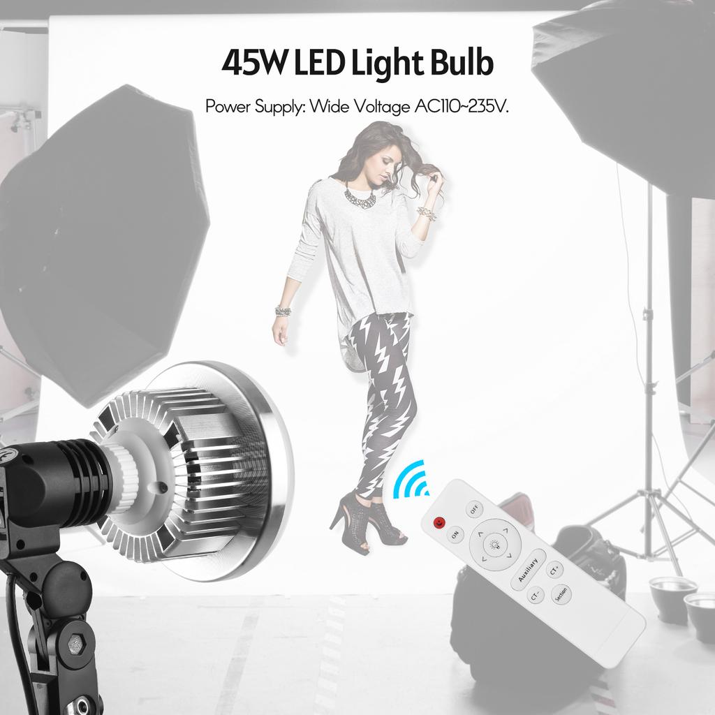 45W E27 LED Bulb Video Light Bi color 3000K 6000K with Remote Control Wide Voltage AC110 235V for Studio Portrait