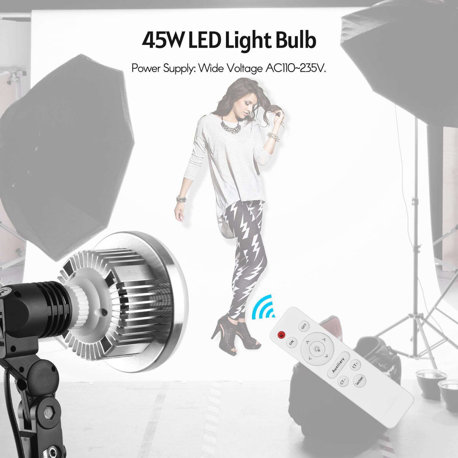 

45W E27 LED Bulb Video Light Bi color 3000K 6000K with Remote Control Wide Voltage AC110 235V for Studio Portrait серебряный