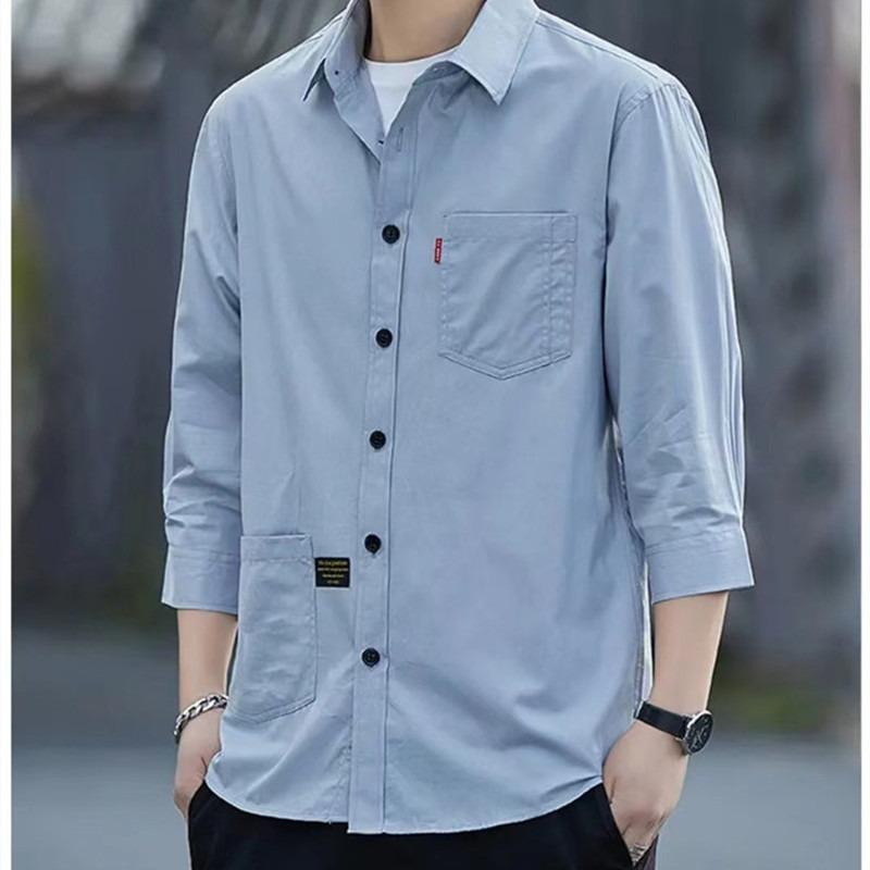 Cotton Washed Seven Quarter Sleeved Men's Shirt Casual Loose Fit Mid Sleeved Shirt Men's Clothing Shirts Men’s