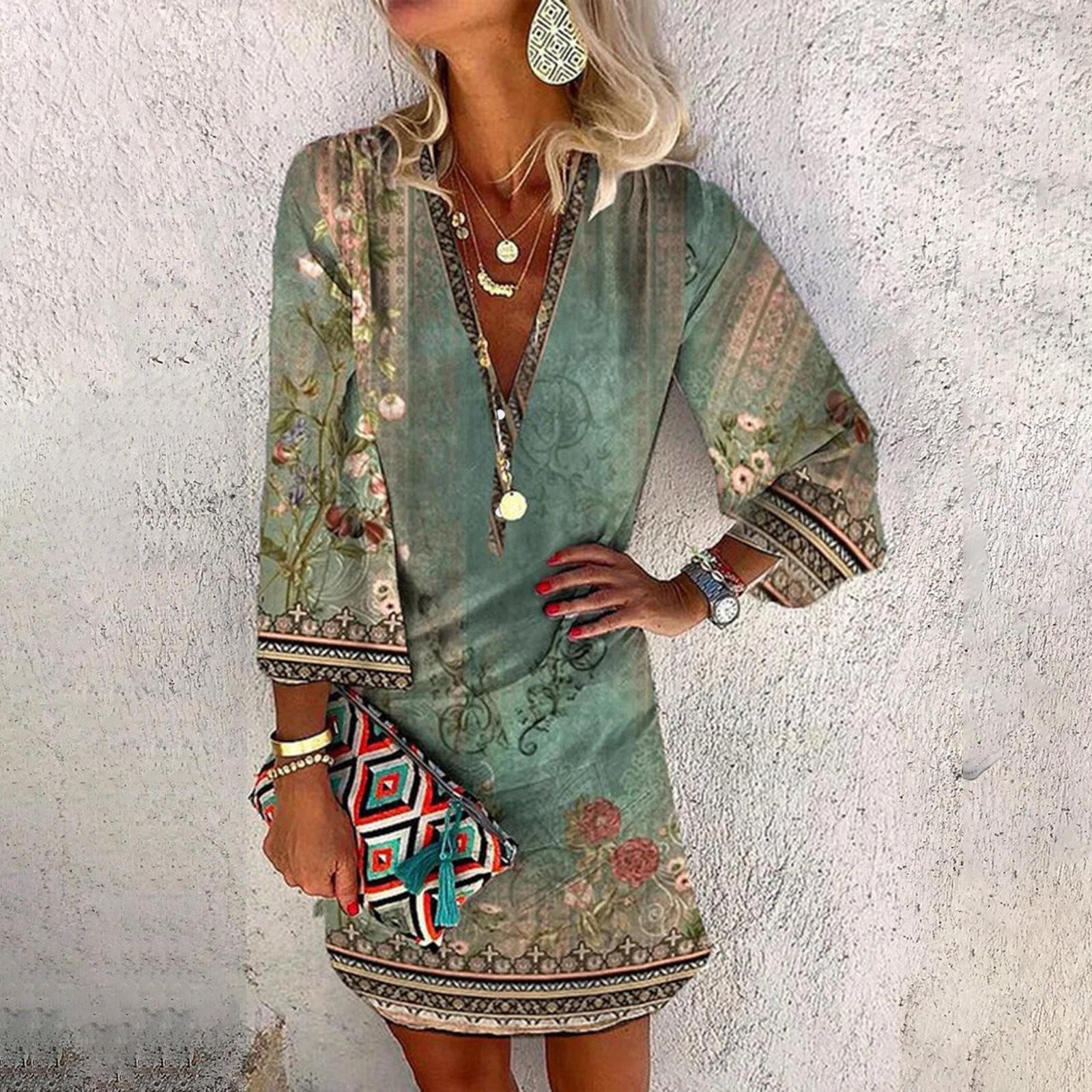 

Dresses For Women Casual V Neck Casual Three Quarter Sleeve Dress Button Sundress XXL