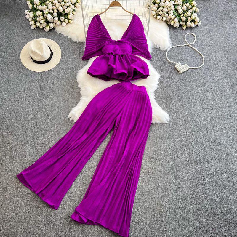 

Sanzhai Ruched Batwing Sleeve Lotus Leaf Swing Fashion Suit Purple All yards