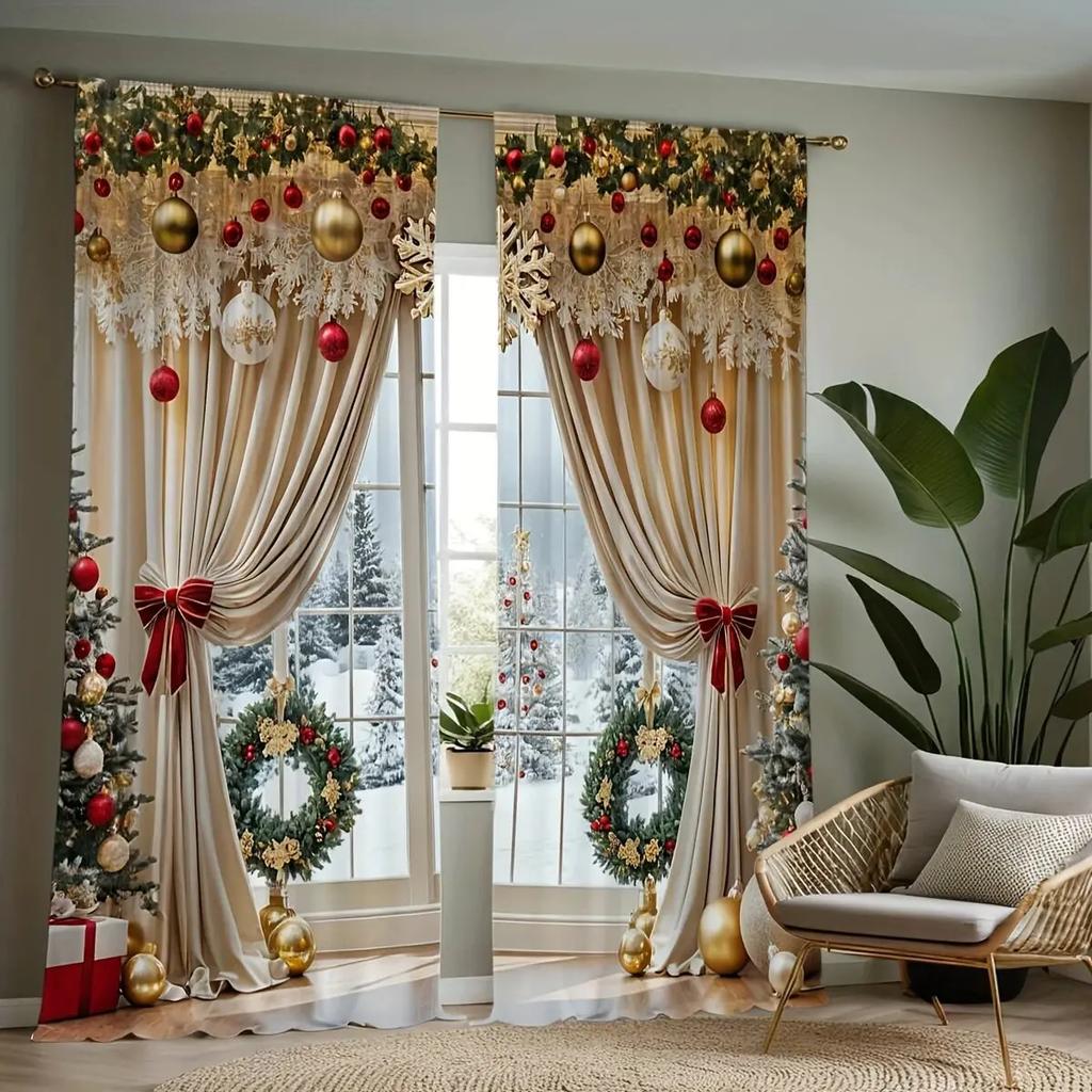 2 Pieces of Classic Twill Weave Christmas Decoration Printed Curtains   Bedroom and Living Room   Home Decoration   Room Decoration