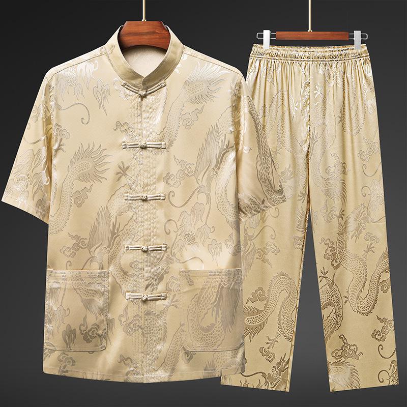 Men's Ice Silk Tang Suit Short Sleeve Set - Chinese Style Summer Clothing for Middle-Aged and Elderly