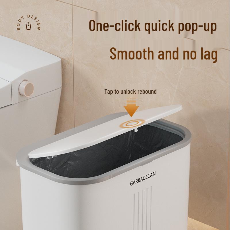 Large Bathroom Trash Can with Thickened Lid, Narrow Style, Press-Type