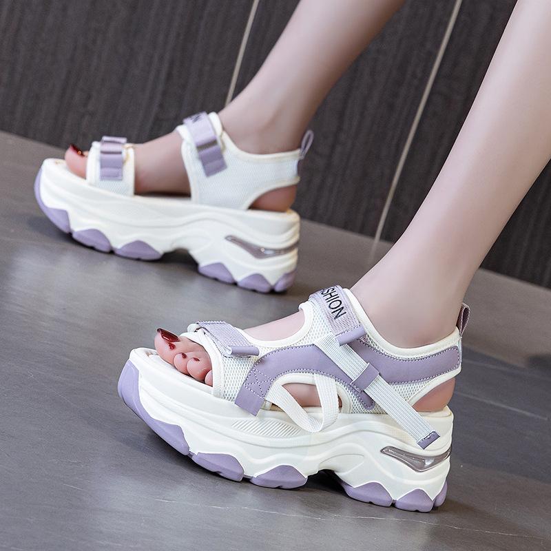 Fashion 7CM Air Mesh Synthetic Leather Sandals Breathable Women Summer Hollow Slipper Fashion Summer Sandals Platform Wedge Flats Shoes