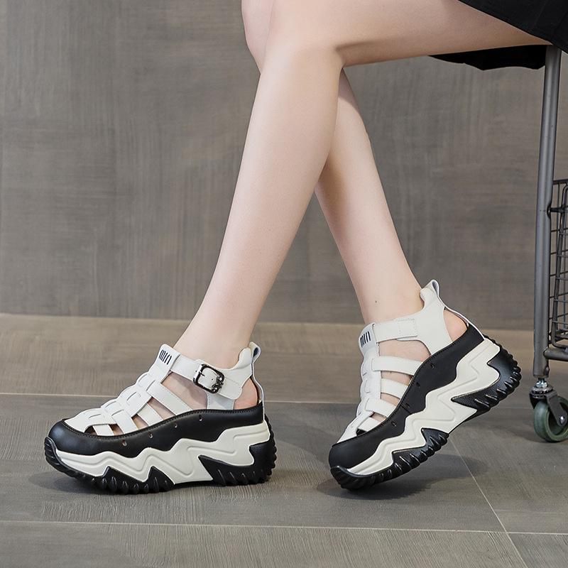 thick-soled Roman leather sandals summer new national style thick-soled inner height increase small casual pig cage shoes
