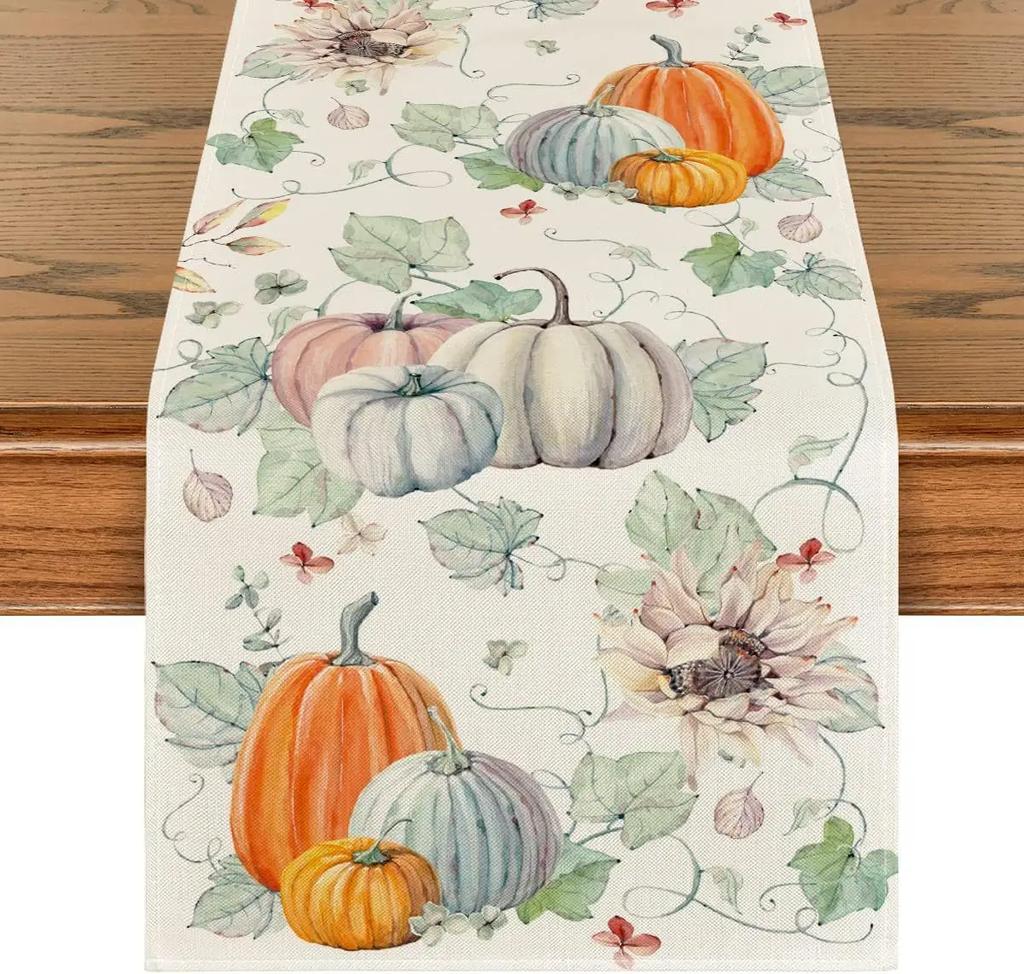 Autumn Thanksgiving Table Runner Linen Buffalo Plaid Pumpkins Mushrooms Dining Table Decoration Indoor Outdoor Tablecloth