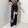 Women Gothic Print Strap Decor Flare Cargo Jeans Streetwear High Waist Denim Pants