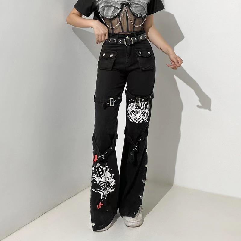 Women Gothic Print Strap Decor Flare Cargo Jeans Streetwear High Waist Denim Pants