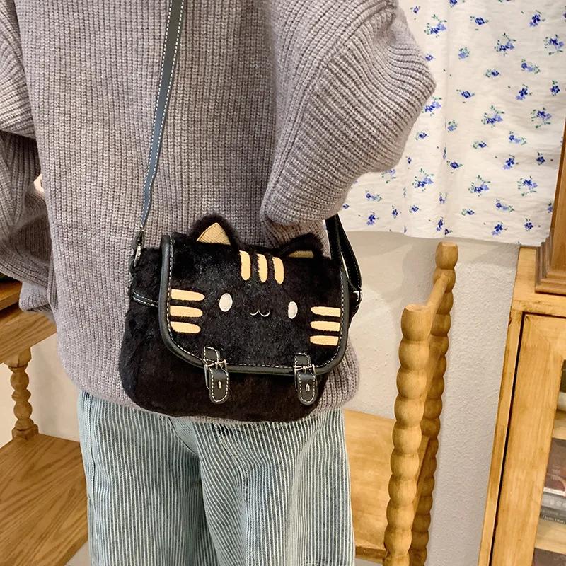 

Women Large capacity cute cat plush shoulder bag girl cartoon casual small crossbody bag чёрный