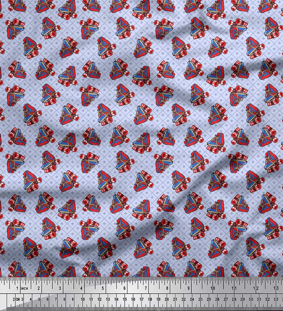 

Soimoi Grey Japan Crepe Satin Fabric Diamond Grid & Skates Travel Print Швейна тканина метр 42 дюйма 42 Inch Wide - Poly Crepe синій