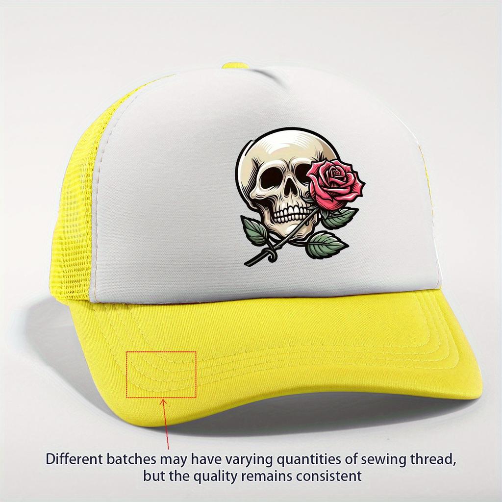 Skull and Rose Print Trucker Hat Polyester Breathable Mesh Casual Unisex Adjustable Cap