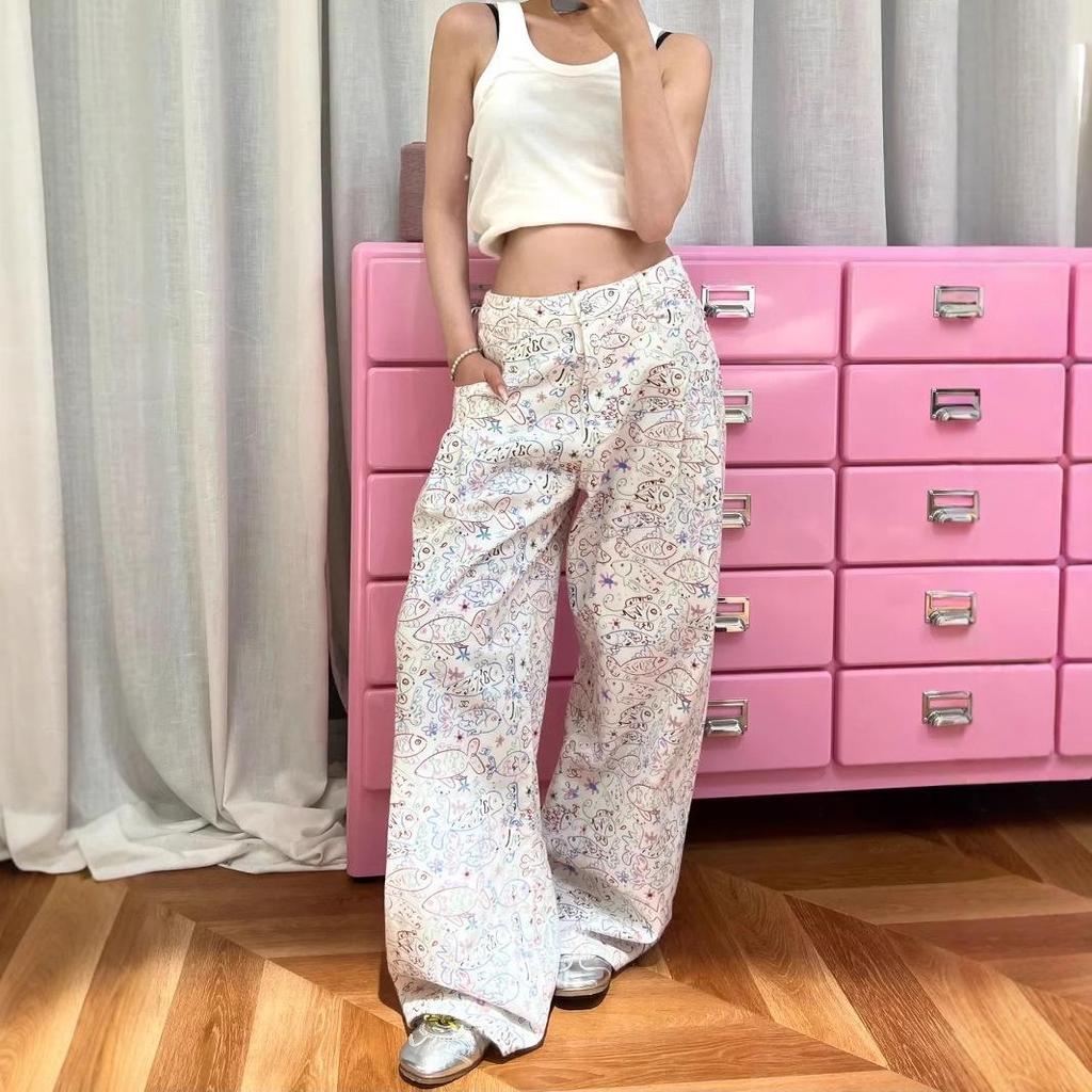 White Fish Print Jeans: 2025 Spring/Summer Women's Loose Casual Wide-Leg Pants