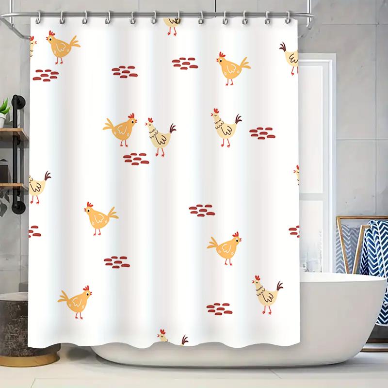 

Chicken Pattern Shower Curtain Bath Mat Decor Set For Bathroom White With Red Hens Design | W60H190(CM)-1 Pcs