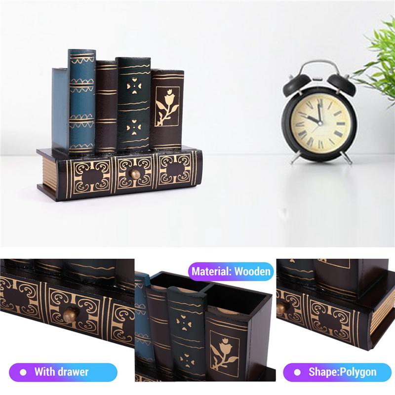 A72U Multifunction Retro Wooden Pen Holder Book Shape Wood Craft Home Decor Pencil Desktop Storage Box Drawers Stationery Holder