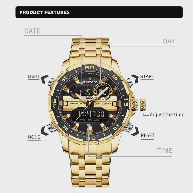 Fashion Golden Men Watch Multi-functional Quartz Wrist Watches Quartz Analog + LED Digital Movement Waterproof Steel Strap