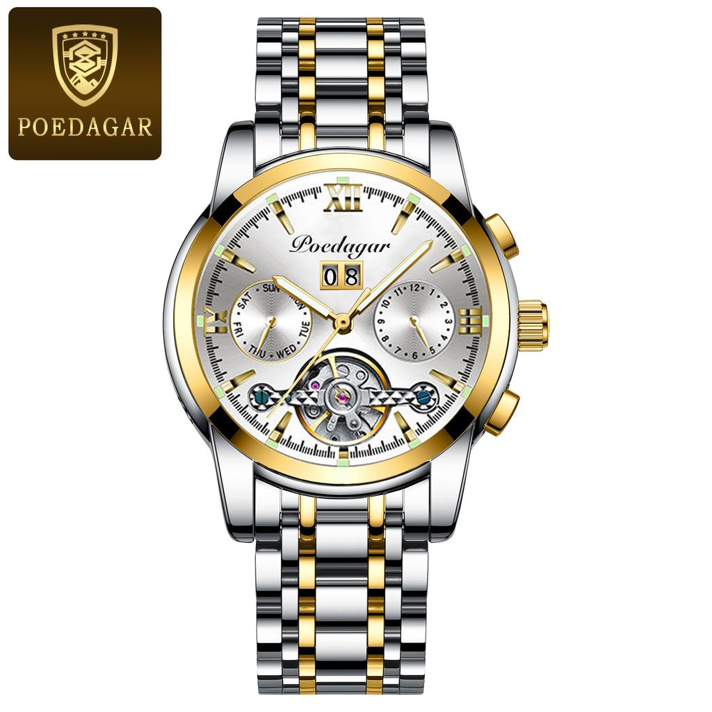 POEDAGAR Automatische mechanische Herrenarmbanduhr Hohl-Tourbillon Edelstahl-Uhr Wasserdicht Leuchtend Datum Uhren