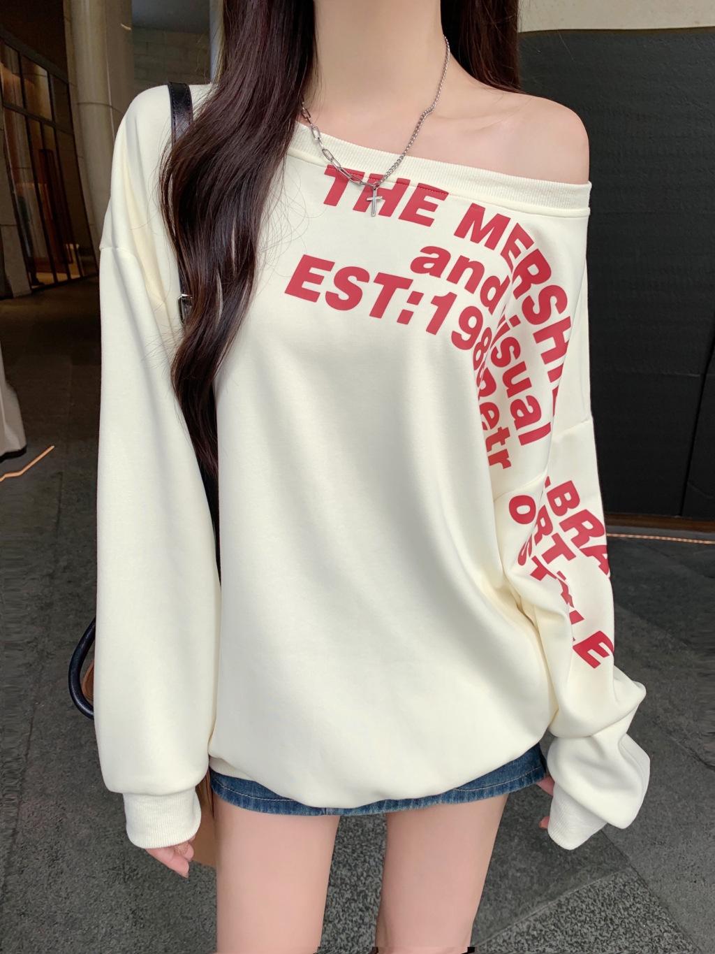 

Женская толстовка с длинными рукавами и косым плечом в американском стиле, осень 2024 г., корейский облегающий крой XL абрикосовый