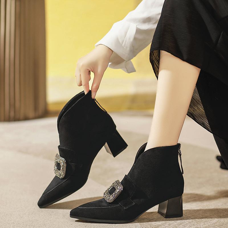 thick-heeled short boots women's new short women's boots retro v-mouth high-top shoes rhinestone square buckle pointed deep-mouth single shoes