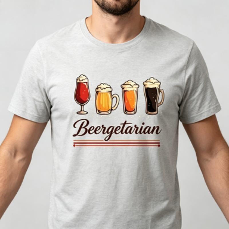 T-shirt Unisex in Puro Cotone Disegnata a Mano Tazza di Birra di Vari Tipi Slogan Birragetariano Decorazione a Linee Semplici T-shirt Girocollo