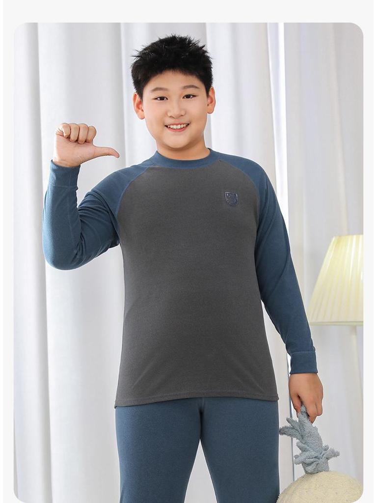 Cozy Kids' Patchwork Thermal Set: Antibacterial Boys' & Girls' Underwear and Pajamas for Autumn & Winter