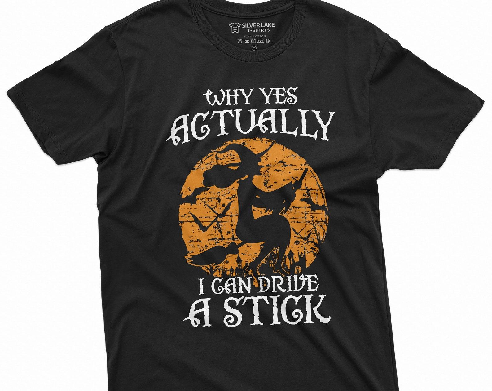 I can drive stick funny T-shirt ladies unisex Witch on broom driving stick manual shift car tee shirt S
