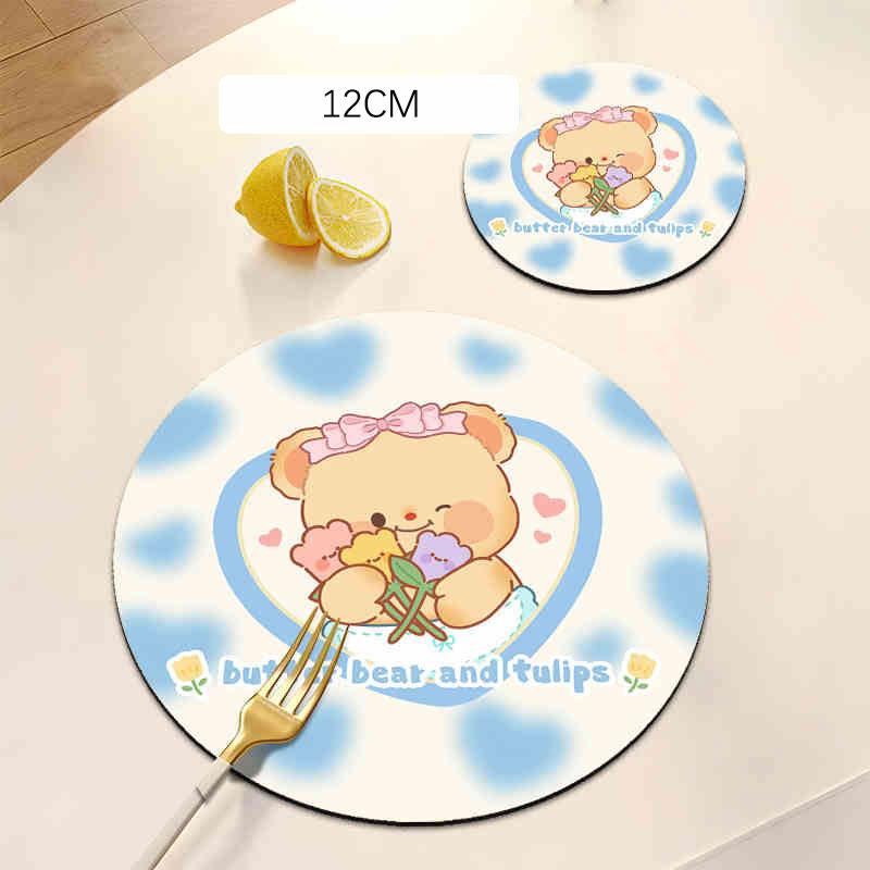 Cute Bear Rubber Coaster Round Heat Insulation Anti Slip Cup Mats Absorbent Reusable Pad Kitchen Items Accessories Decoration