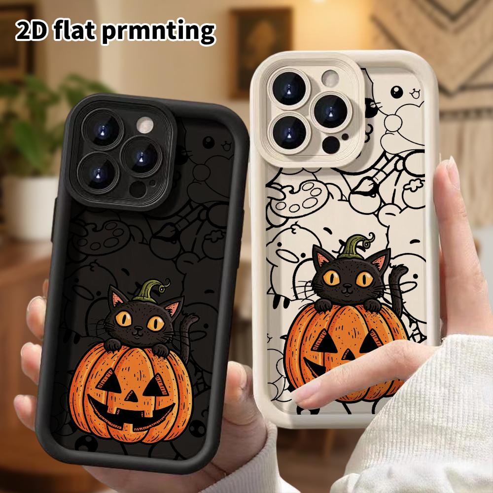 Phone Case: 2D flat design, suitable for iPhone 18 17 16 15 14 13Pro, little black cat in a pumpkin, perfect Christmas and Halloween holiday gift