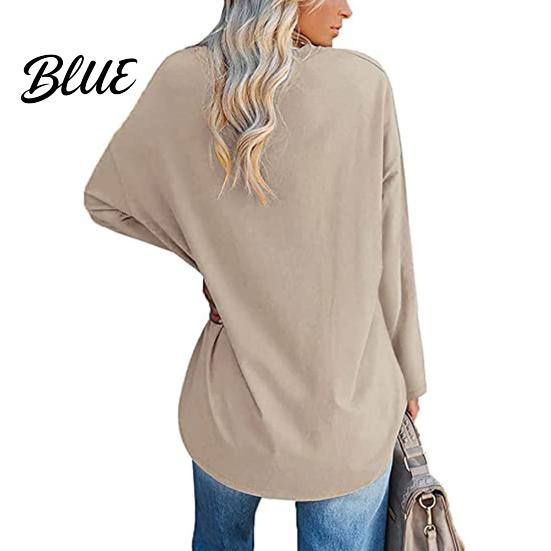 T-shirt Top V-neck Long Sleeve Mid-Length Spring Tunic Autumn Solid Color Loose Pullover Streetwear Blouse