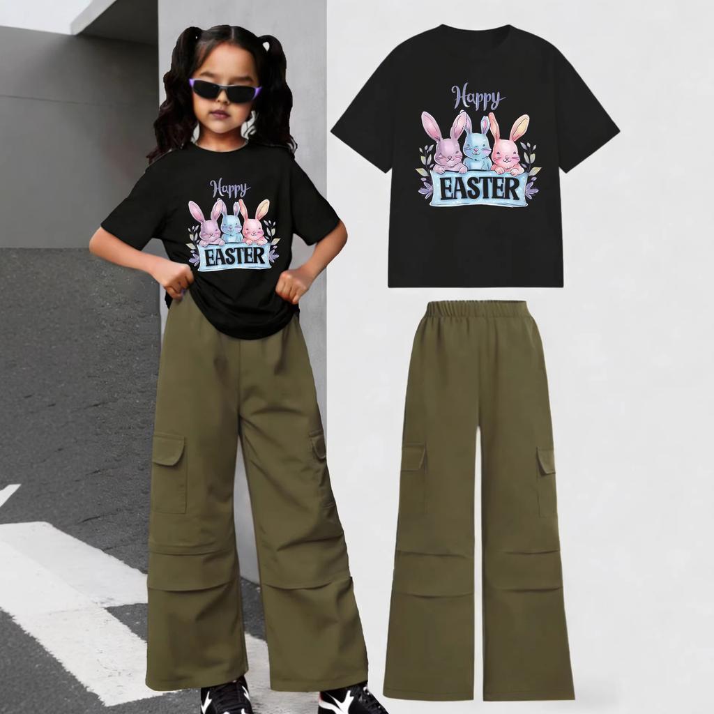 Girls' Casual Short-sleeved Work Pants Set for Summer, Children's Fashionable Easter Cartoon Print Two-piece Set