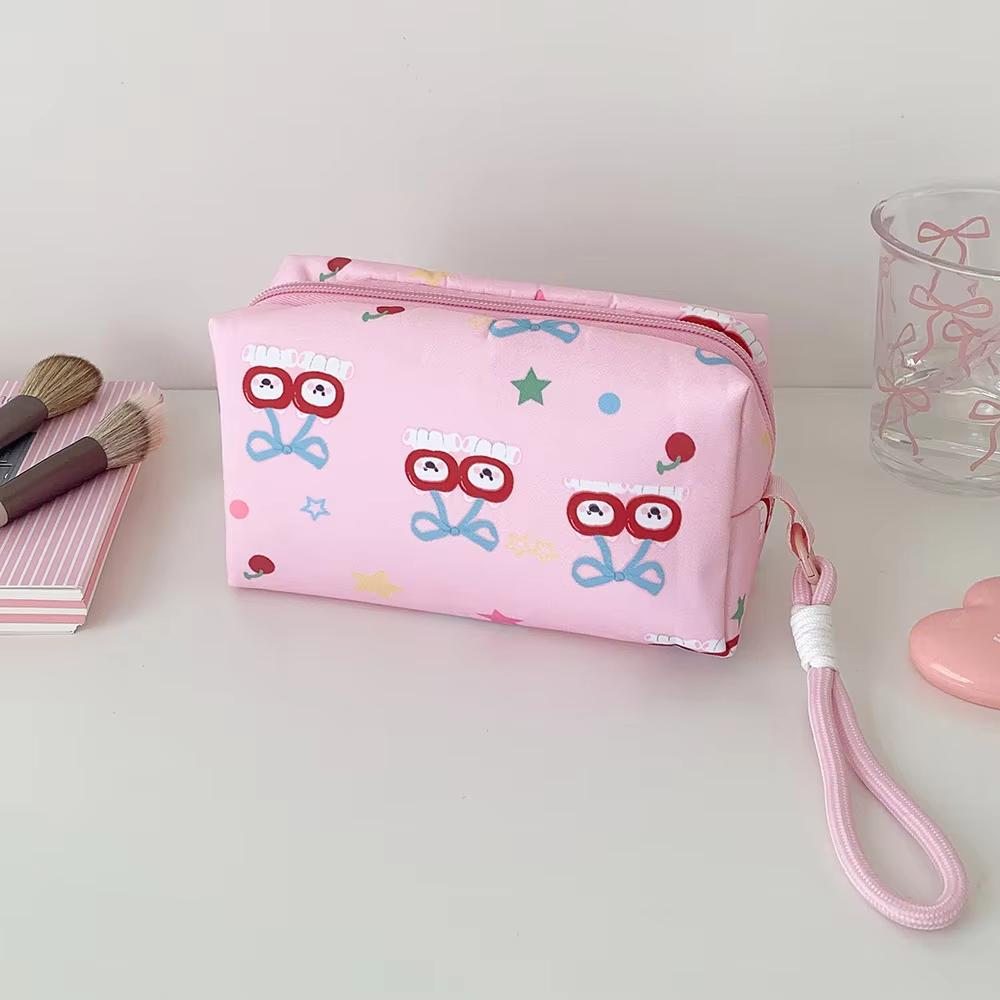 Cute Fashion Striped Apple Cherry Handheld Makeup Bag Korean Girl Large Capacity Lipstick Storage Bag Student Stationery Pen Bag