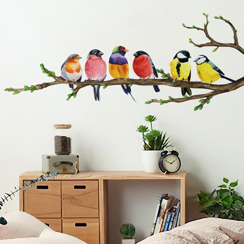 1 Pcs Bird Wall Stickers Colorful Branch Pattern Self-Adhesive & Removable Home Decor For Bedroom