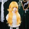 Lolita Stil Helles Gold Langes Lockiges Haar mit Pony, Simulierte Kopfhaut Natürliche Große Welle für Tägliches Cosplay synthetisch