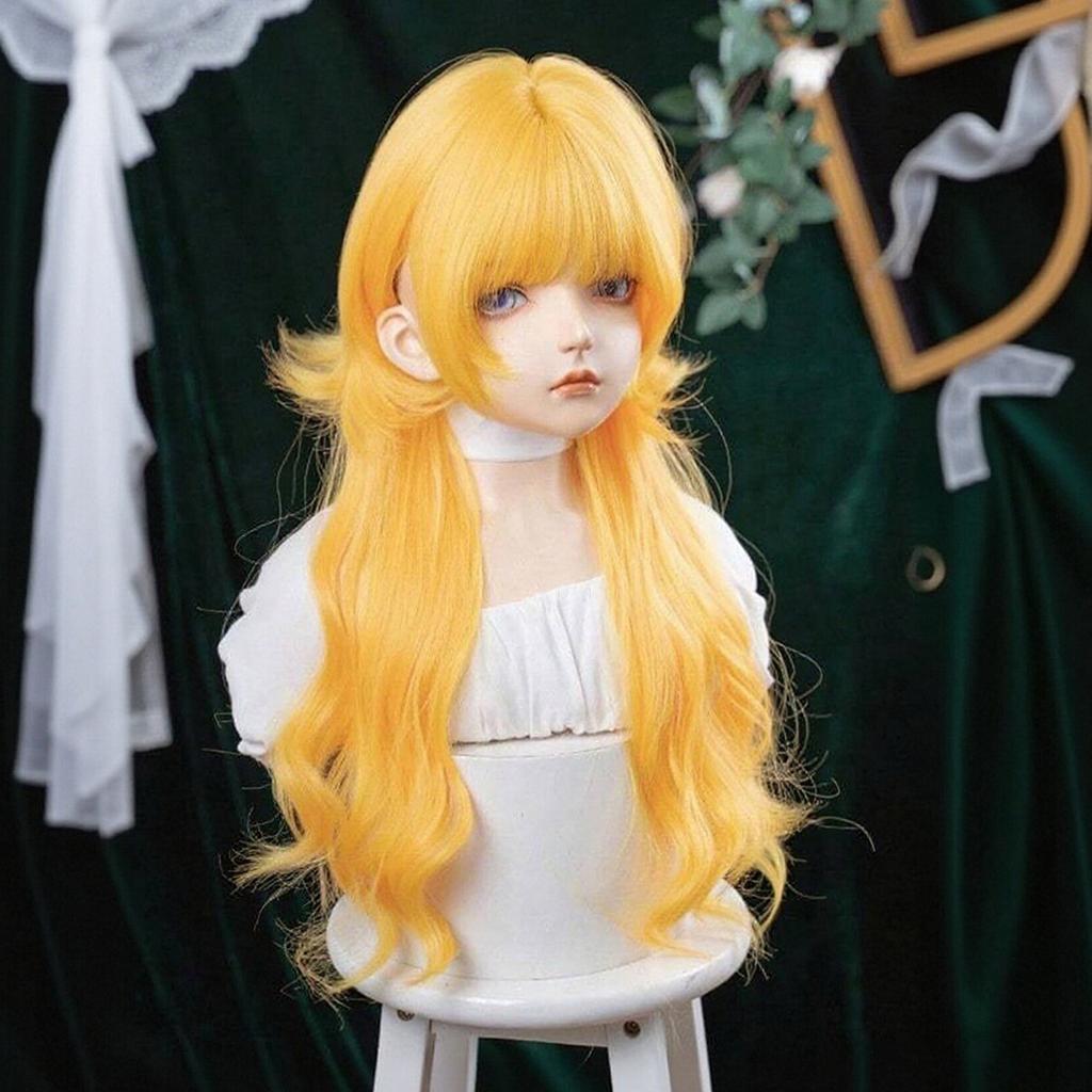Lolita Stil Helles Gold Langes Lockiges Haar mit Pony, Simulierte Kopfhaut Natürliche Große Welle für Tägliches Cosplay synthetisch
