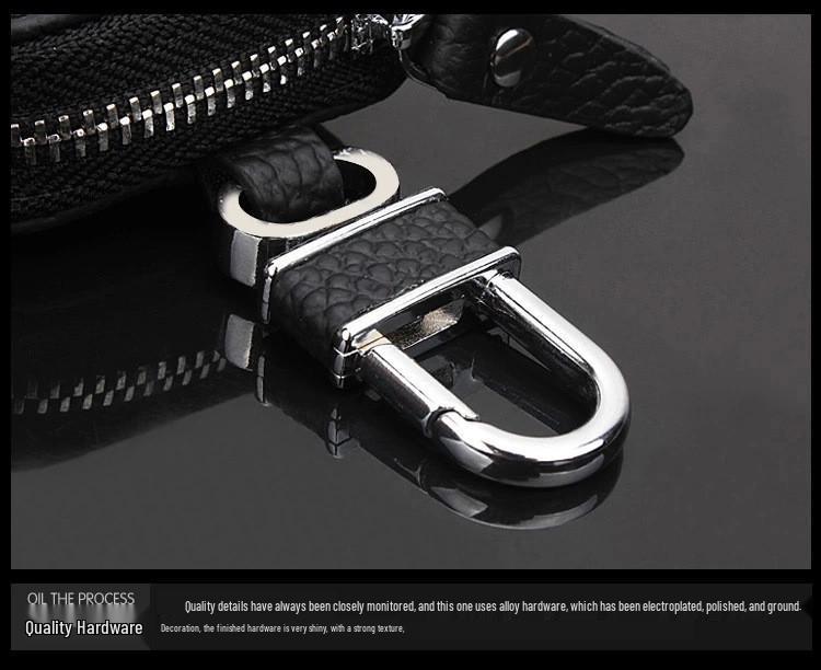 Lychee Grain Cowhide Key Case with Zipper - Pure Black