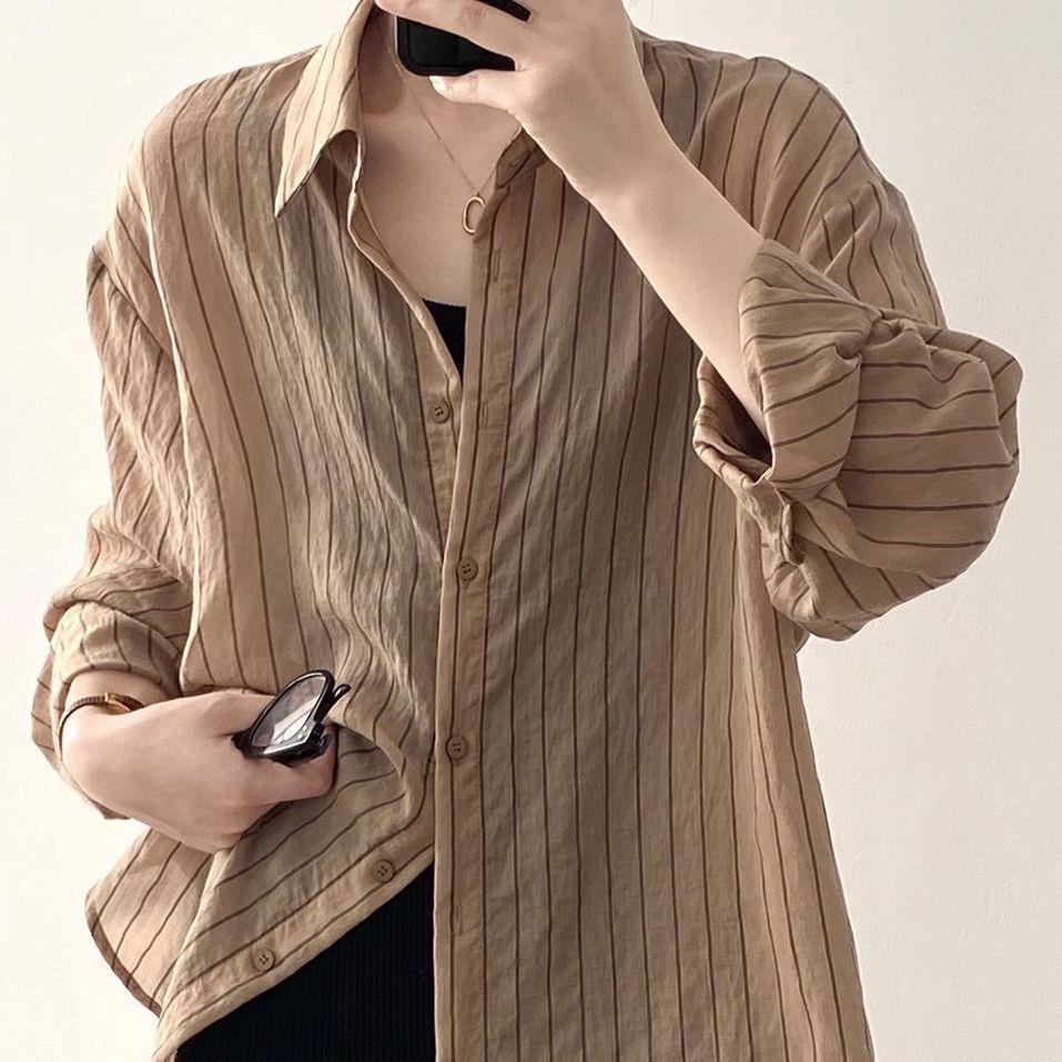 

Рубашка большого размера из ледяного шелка в полоску для женщин, летняя, тонкая, дышащая, универсальная, солнцезащитная, кардиган, куртка, топ 2XL